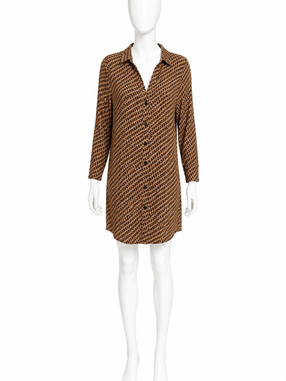 Women’s Brown & Black Printed Dress | Long Sleeve Collared Mini Dress